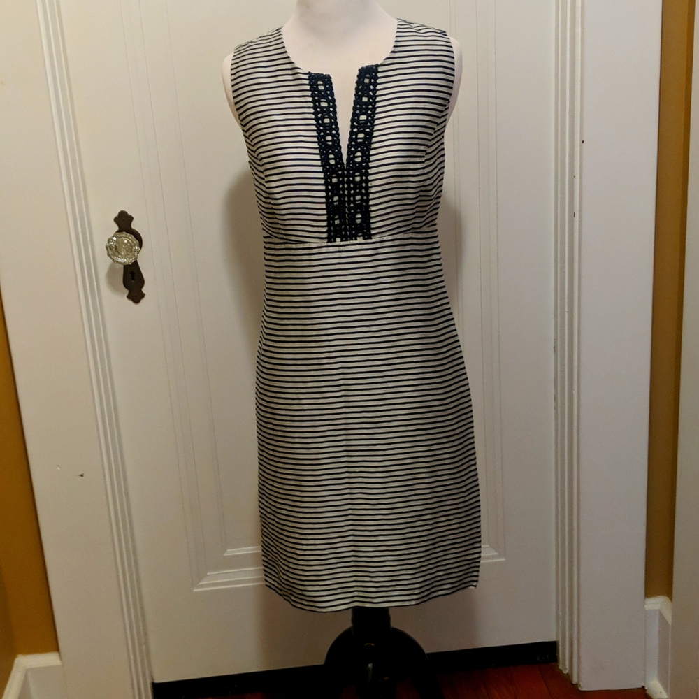 Navy and white striped sheath dress